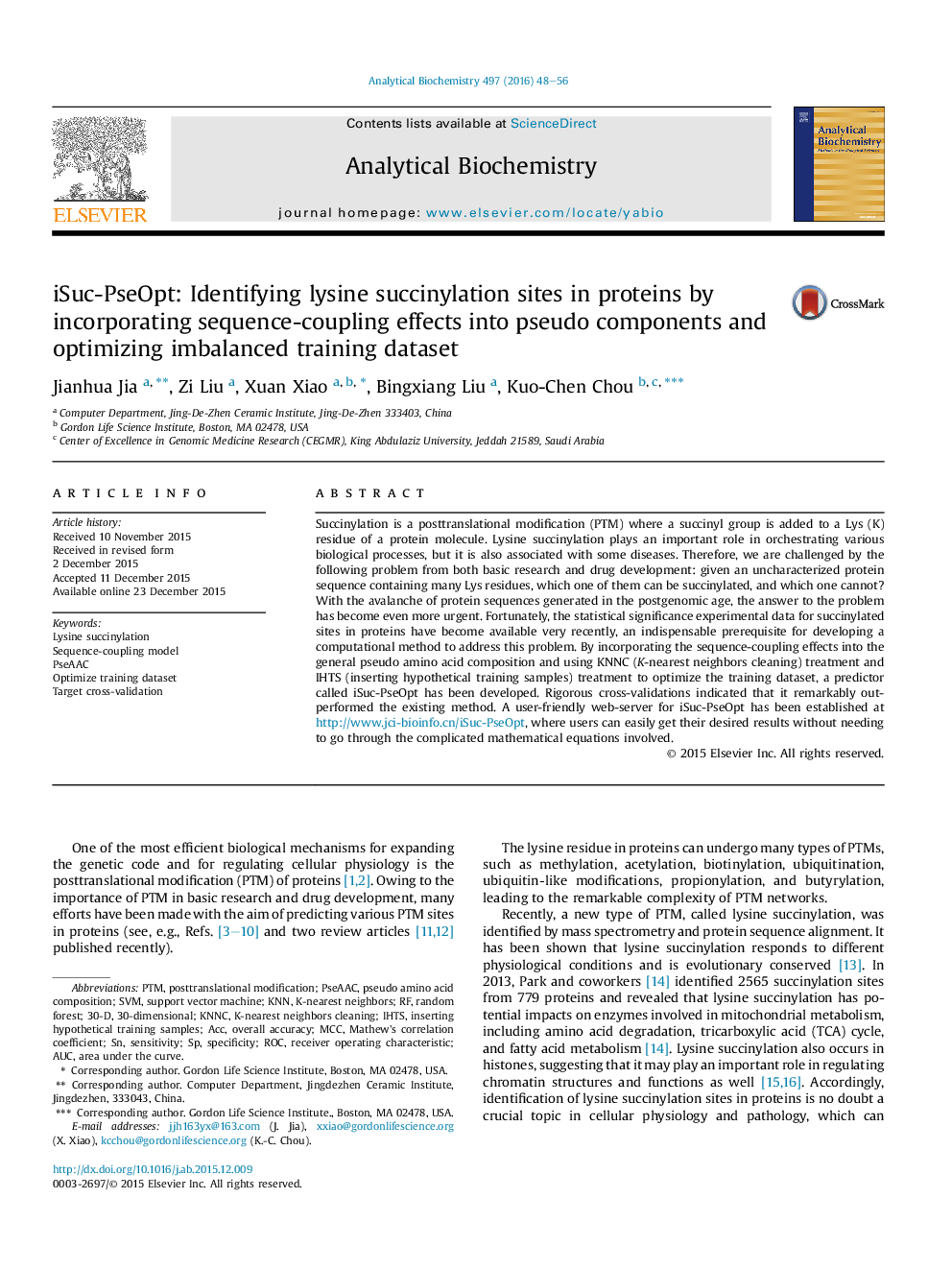 iSuc-PseOpt: Identifying lysine succinylation sites in proteins by incorporating sequence-coupling effects into pseudo components and optimizing imbalanced training dataset