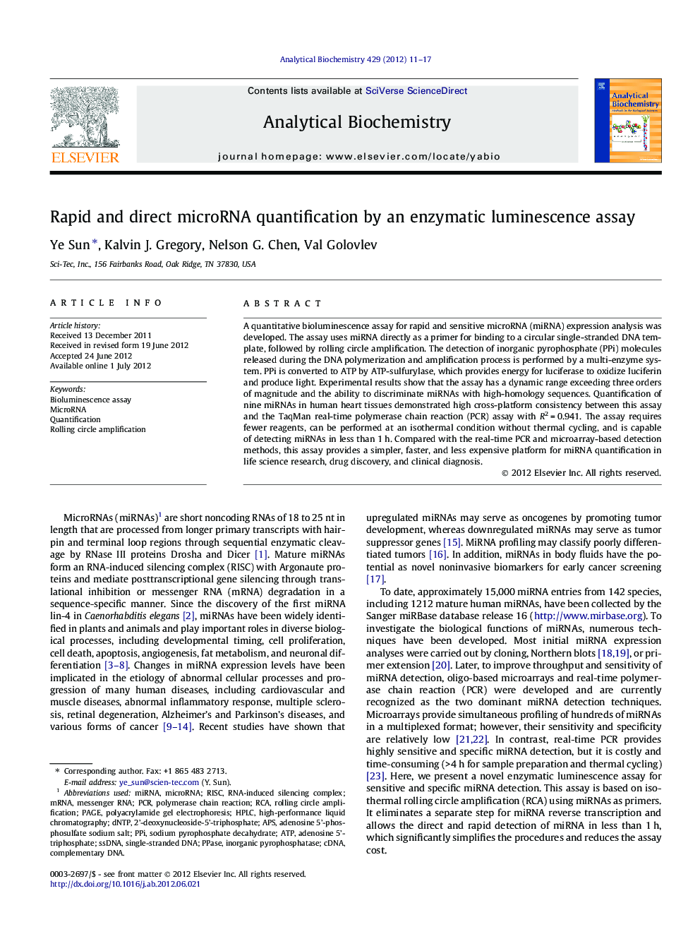 Rapid and direct microRNA quantification by an enzymatic luminescence assay