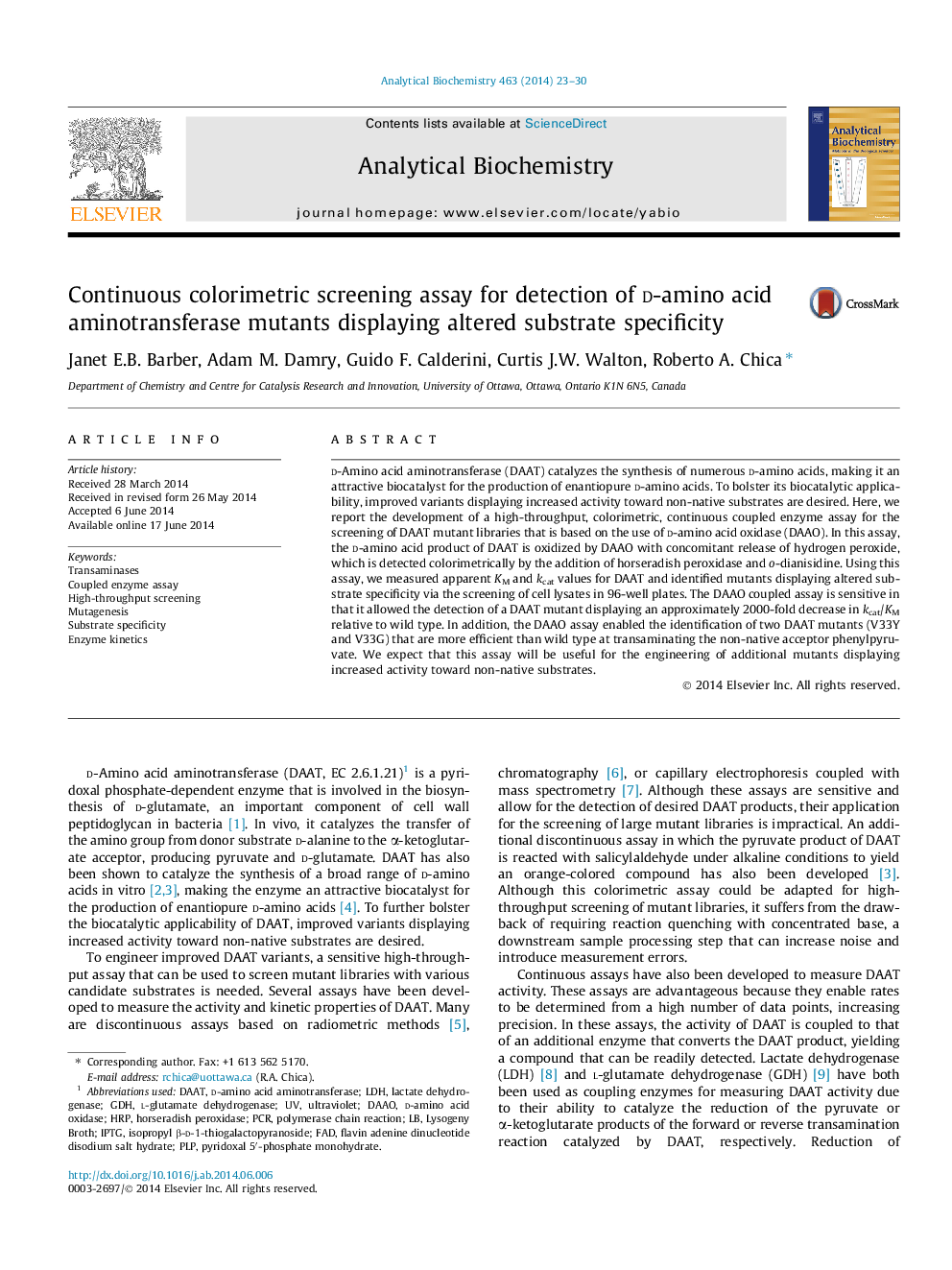 Continuous colorimetric screening assay for detection of d-amino acid aminotransferase mutants displaying altered substrate specificity