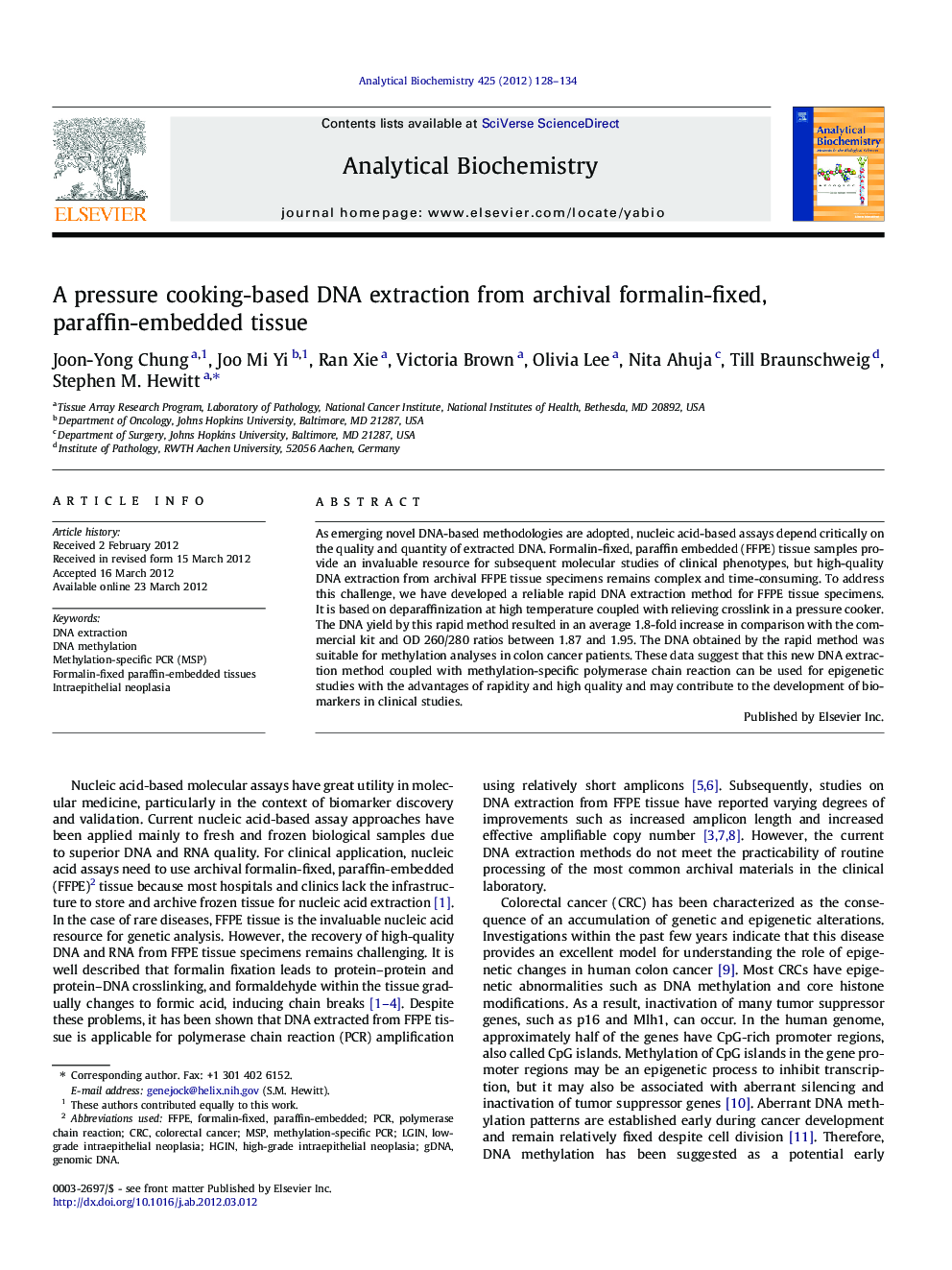 A pressure cooking-based DNA extraction from archival formalin-fixed, paraffin-embedded tissue