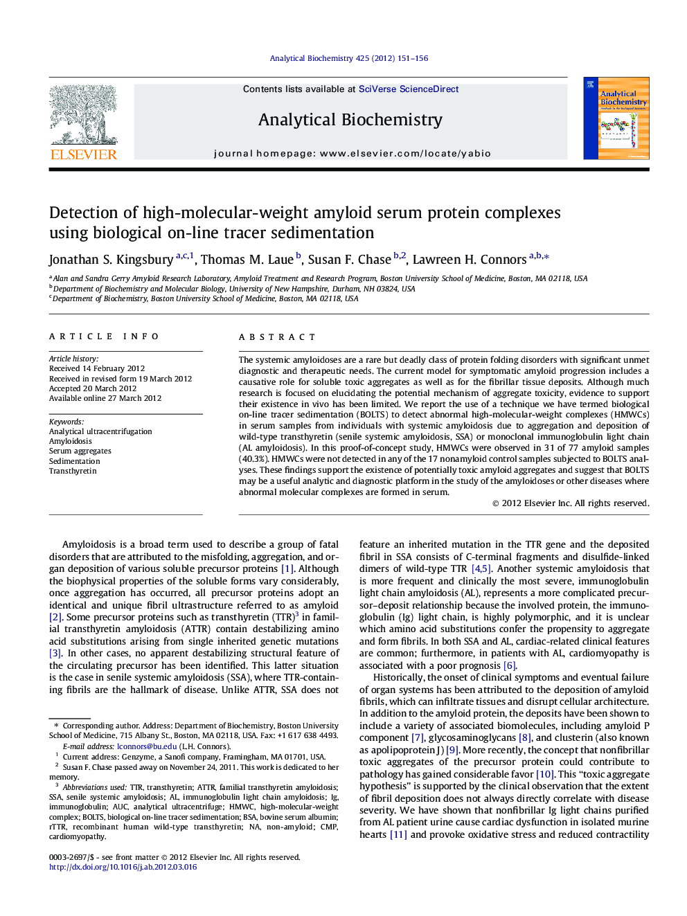 Detection of high-molecular-weight amyloid serum protein complexes using biological on-line tracer sedimentation