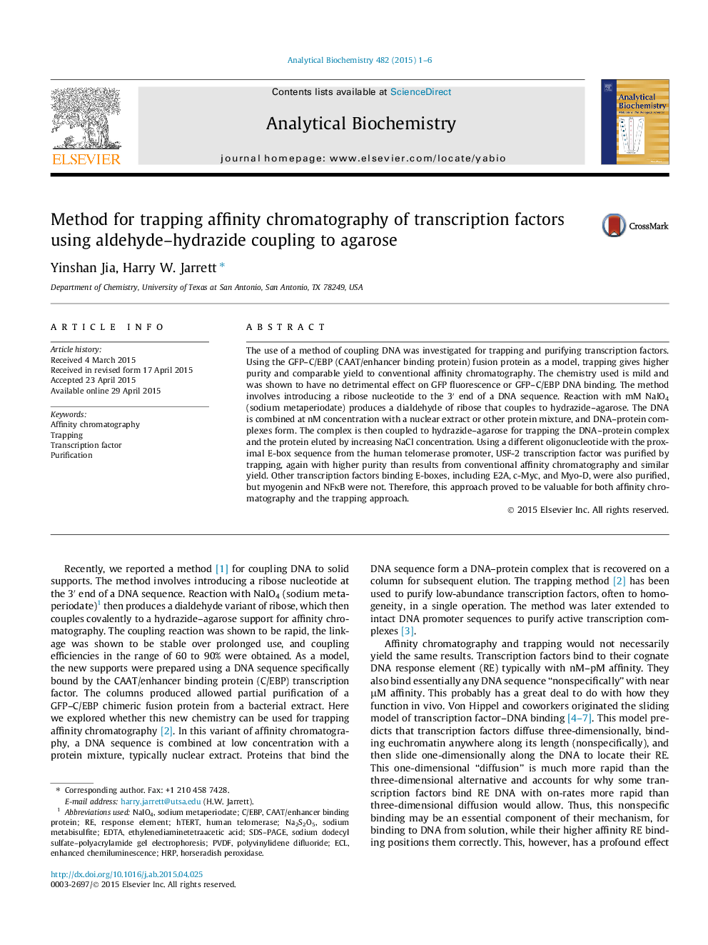 Method for trapping affinity chromatography of transcription factors using aldehyde–hydrazide coupling to agarose