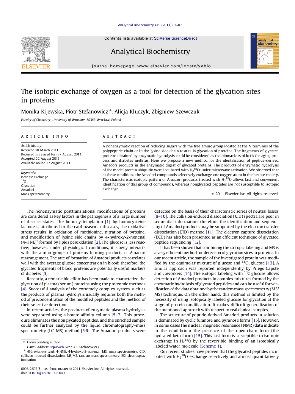 The isotopic exchange of oxygen as a tool for detection of the glycation sites in proteins