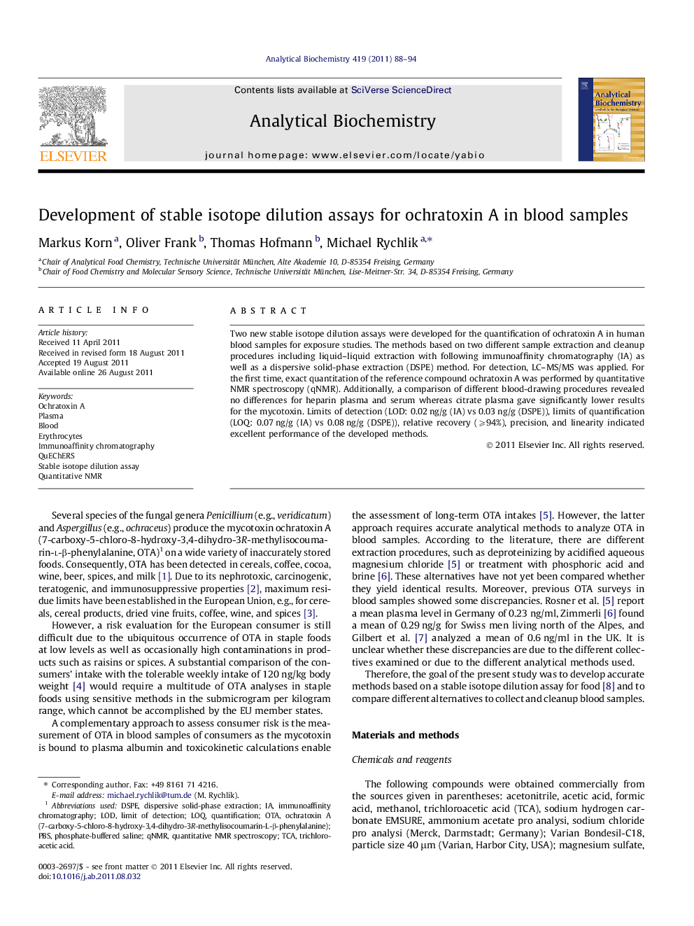 Development of stable isotope dilution assays for ochratoxin A in blood samples