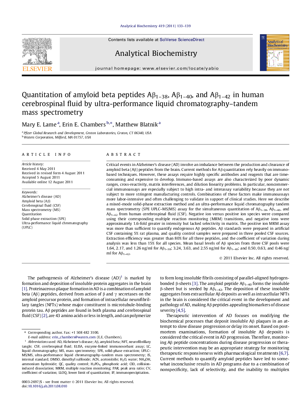 Quantitation of amyloid beta peptides Aβ1–38, Aβ1–40, and Aβ1–42 in human cerebrospinal fluid by ultra-performance liquid chromatography–tandem mass spectrometry