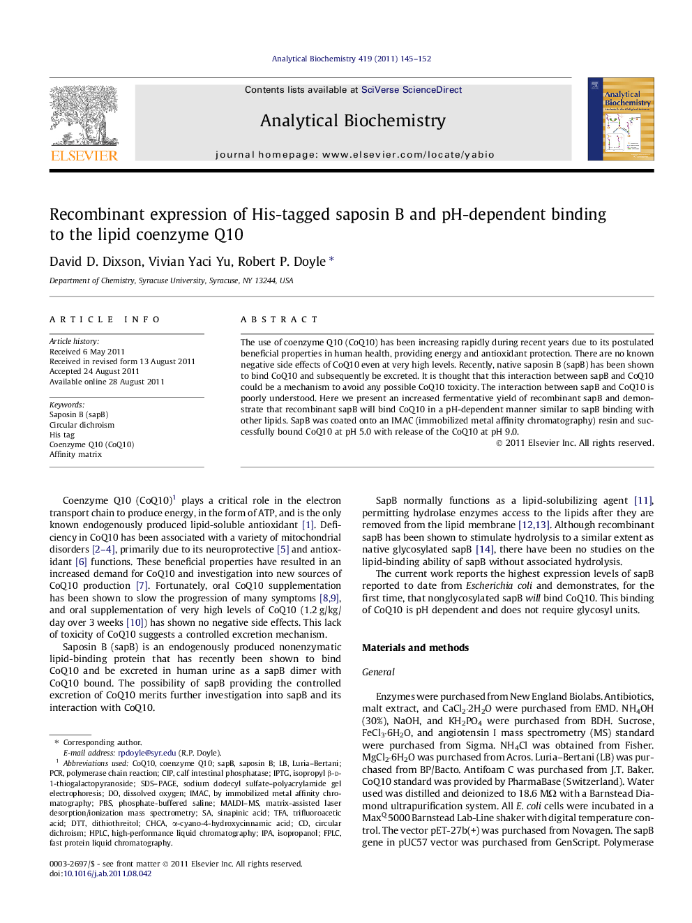 Recombinant expression of His-tagged saposin B and pH-dependent binding to the lipid coenzyme Q10