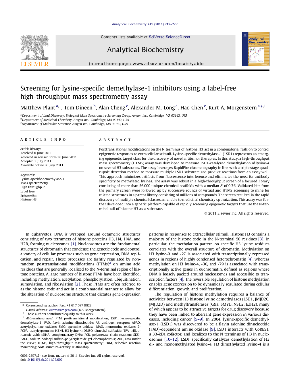 Screening for lysine-specific demethylase-1 inhibitors using a label-free high-throughput mass spectrometry assay