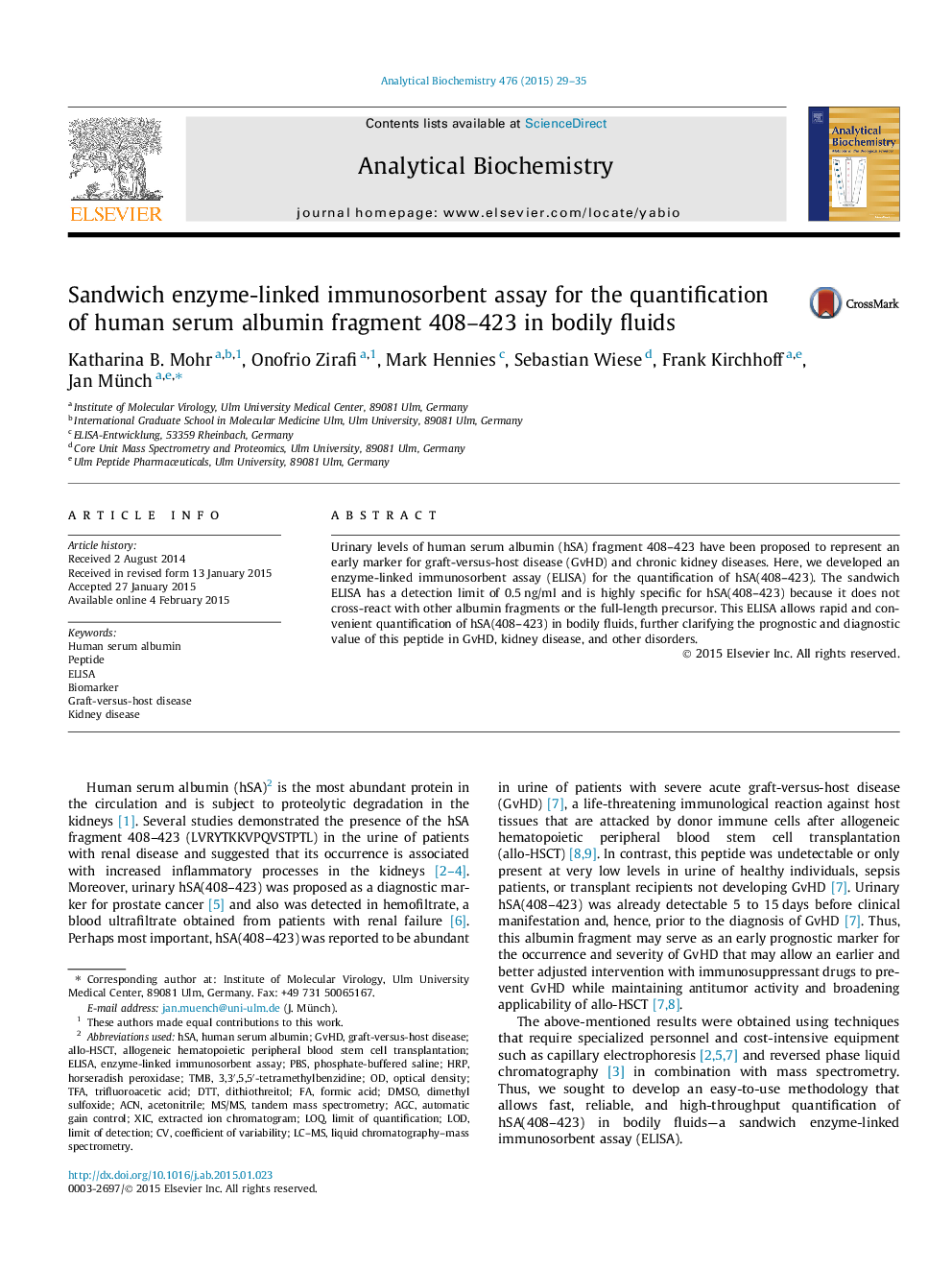 Sandwich enzyme-linked immunosorbent assay for the quantification of human serum albumin fragment 408–423 in bodily fluids