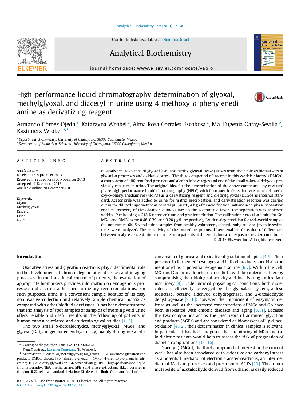 High-performance liquid chromatography determination of glyoxal, methylglyoxal, and diacetyl in urine using 4-methoxy-o-phenylenediamine as derivatizing reagent