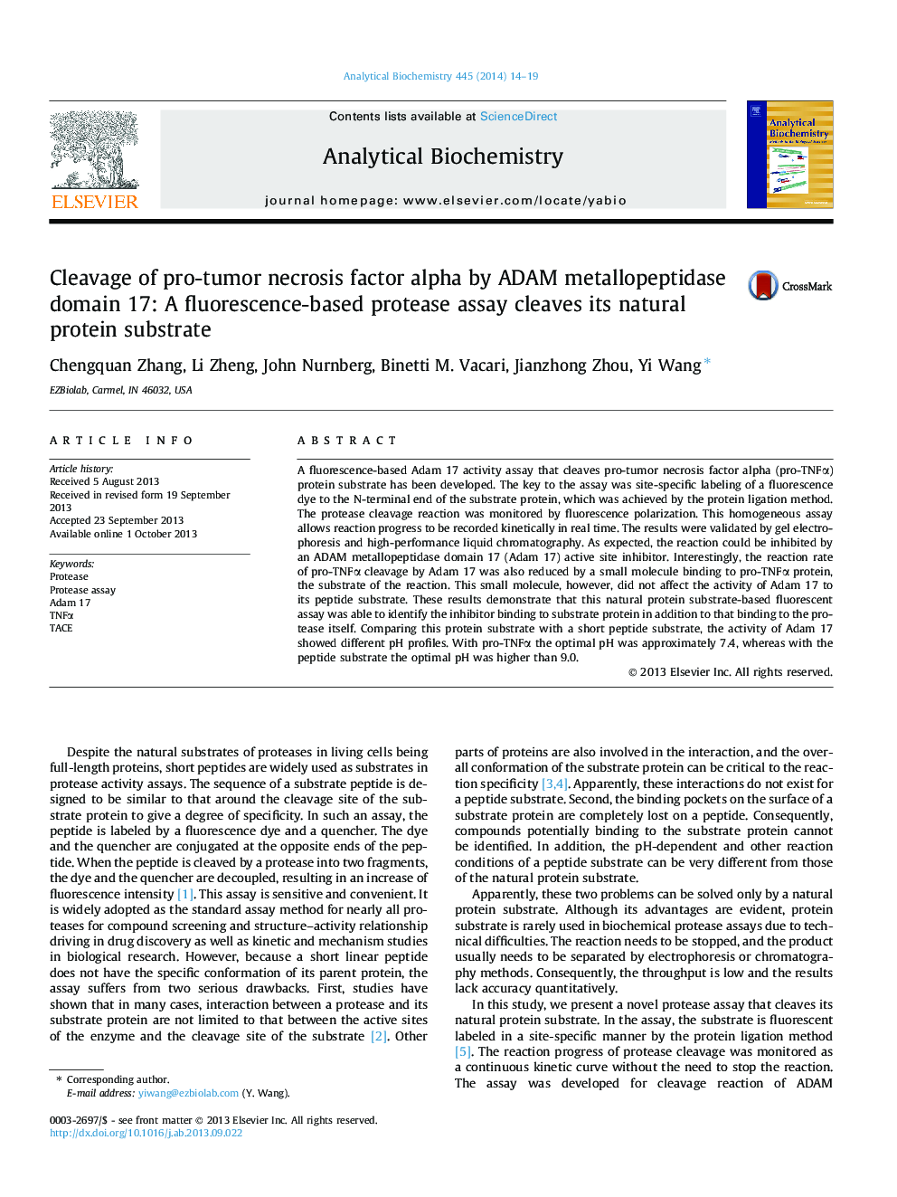 Cleavage of pro-tumor necrosis factor alpha by ADAM metallopeptidase domain 17: A fluorescence-based protease assay cleaves its natural protein substrate