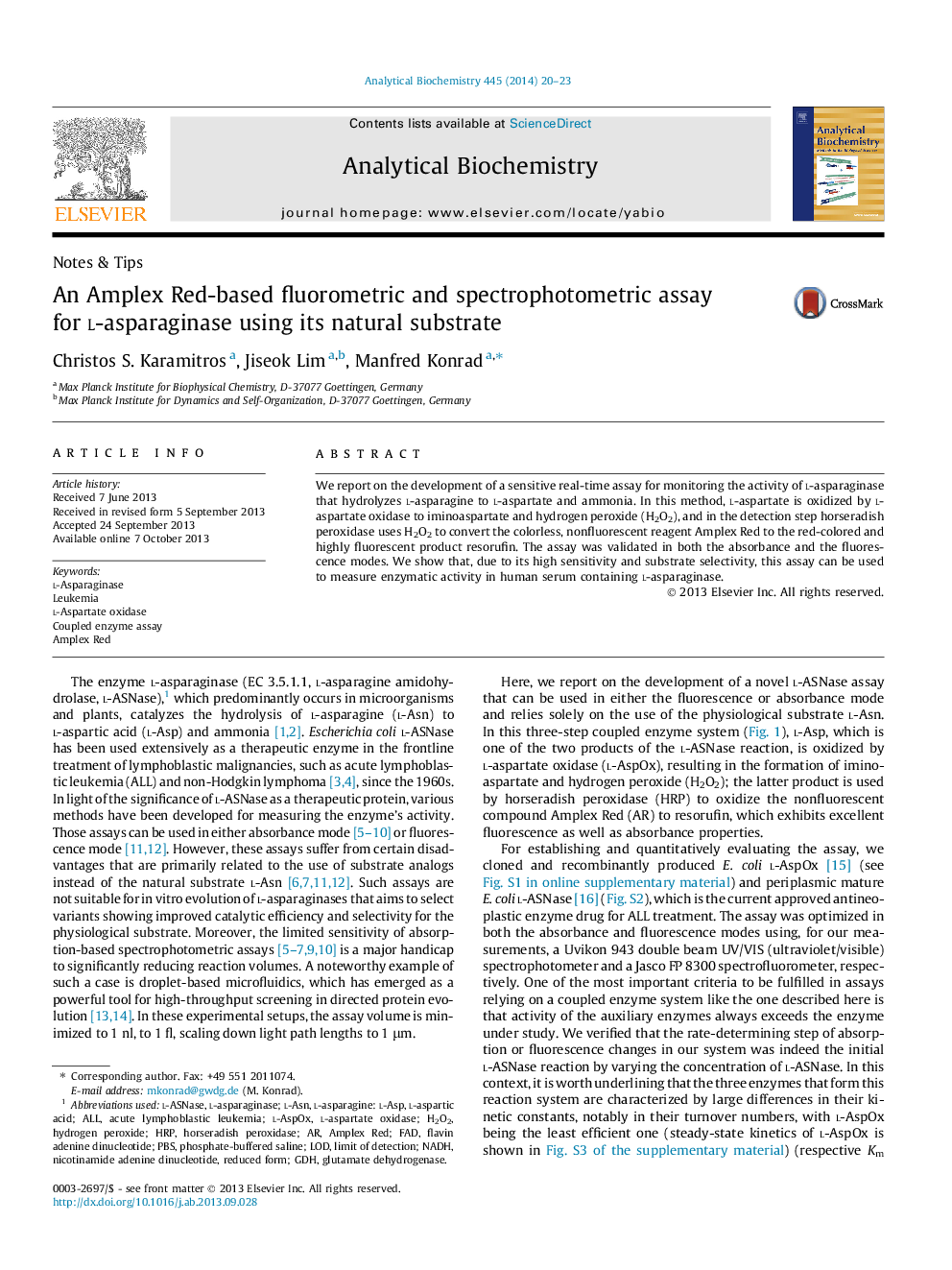 An Amplex Red-based fluorometric and spectrophotometric assay for l-asparaginase using its natural substrate