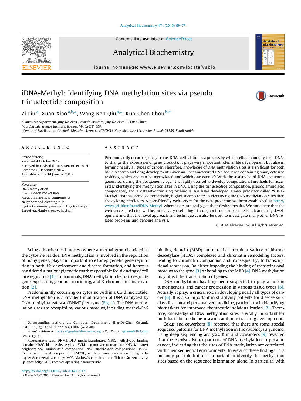 iDNA-Methyl: Identifying DNA methylation sites via pseudo trinucleotide composition
