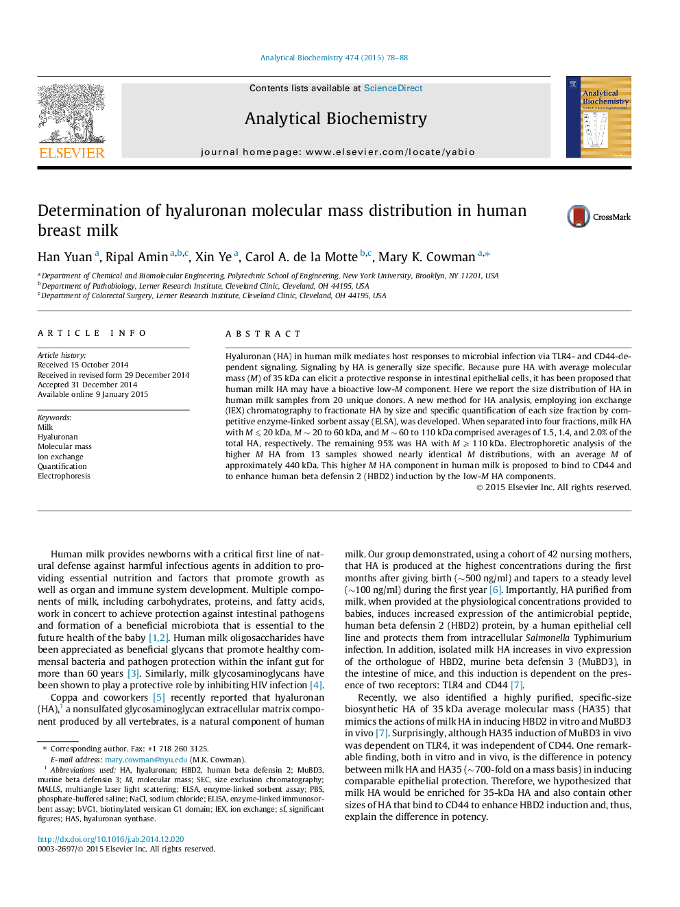 Determination of hyaluronan molecular mass distribution in human breast milk