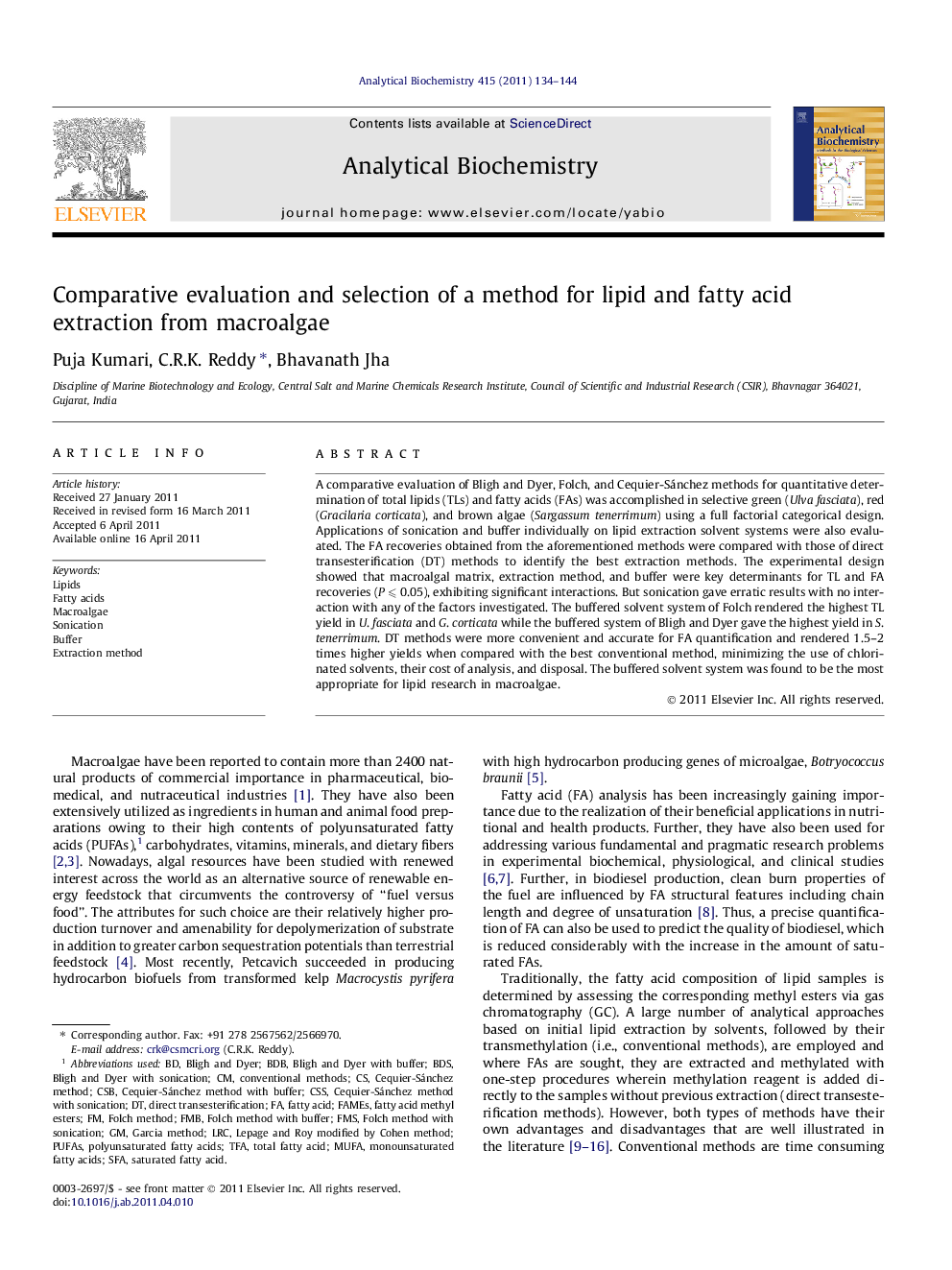 Comparative evaluation and selection of a method for lipid and fatty acid extraction from macroalgae