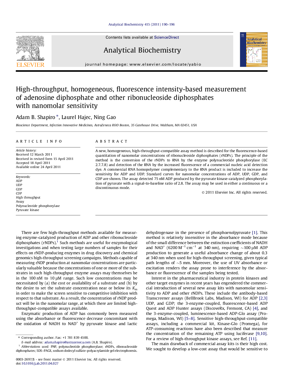 High-throughput, homogeneous, fluorescence intensity-based measurement of adenosine diphosphate and other ribonucleoside diphosphates with nanomolar sensitivity