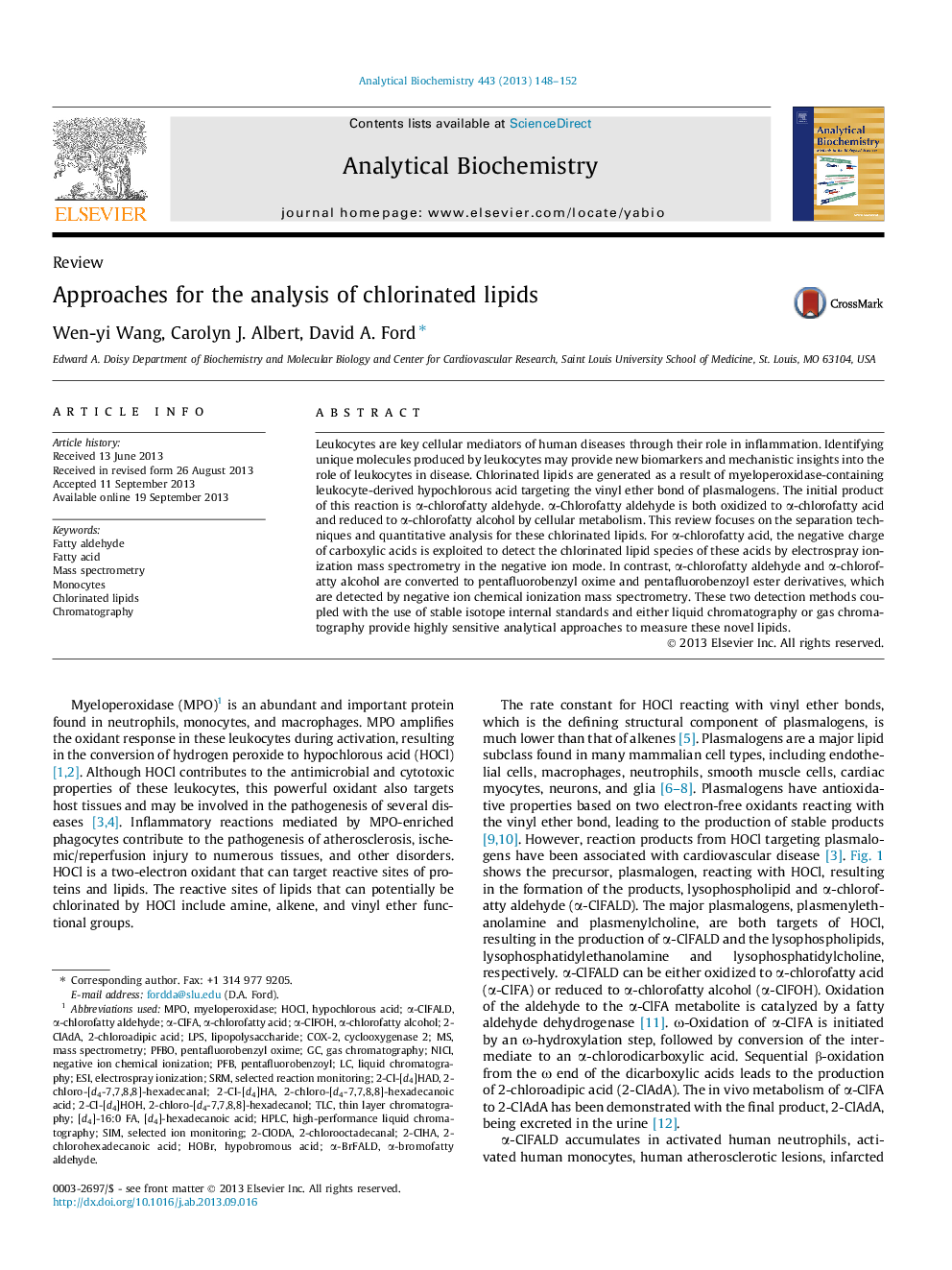 Approaches for the analysis of chlorinated lipids