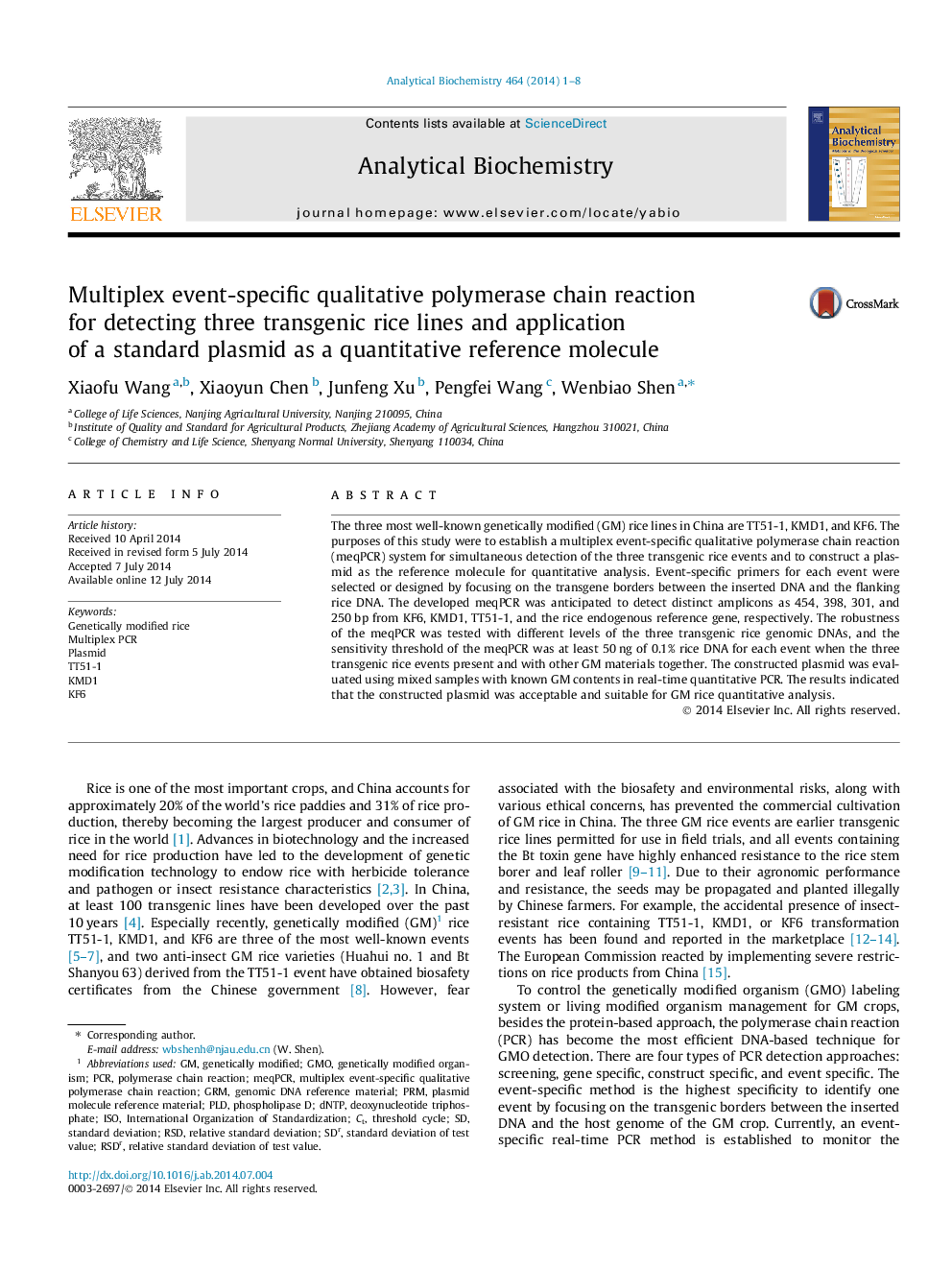 Multiplex event-specific qualitative polymerase chain reaction for detecting three transgenic rice lines and application of a standard plasmid as a quantitative reference molecule