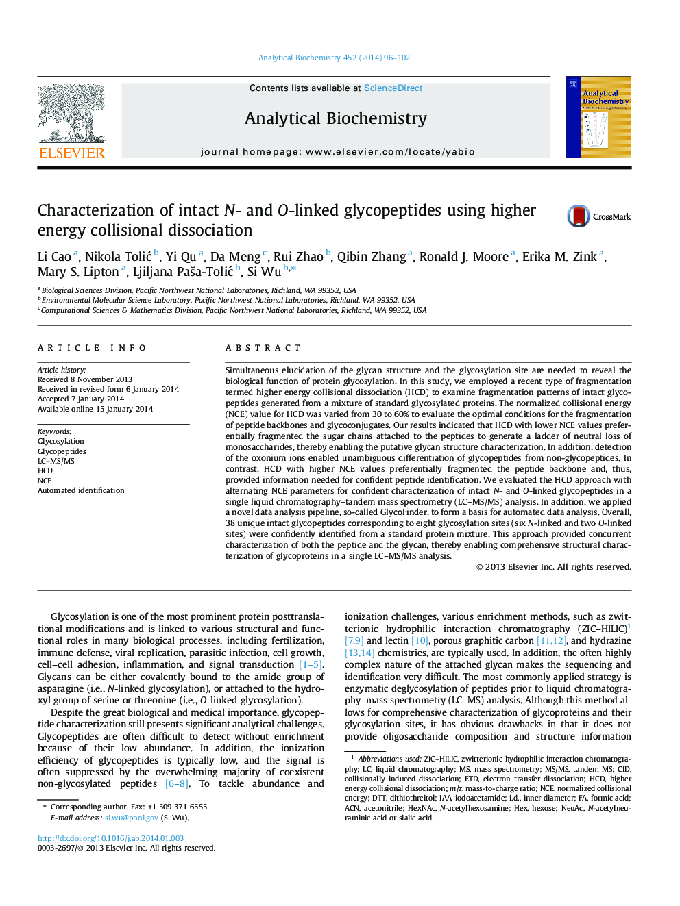 Characterization of intact N- and O-linked glycopeptides using higher energy collisional dissociation