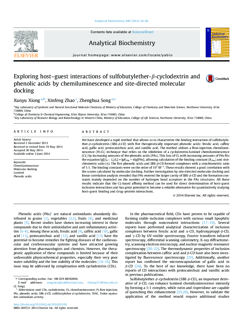 Exploring host–guest interactions of sulfobutylether-β-cyclodextrin and phenolic acids by chemiluminescence and site-directed molecular docking