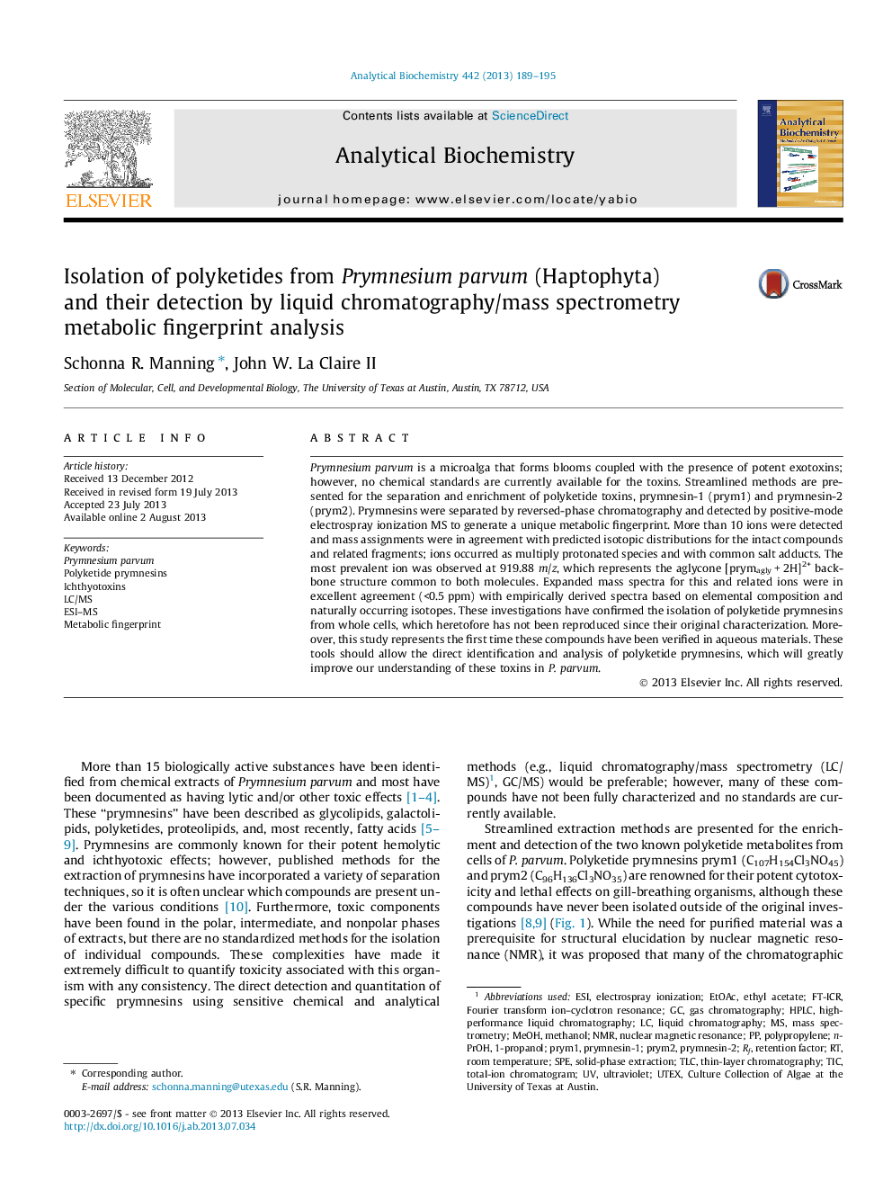 Isolation of polyketides from Prymnesium parvum (Haptophyta) and their detection by liquid chromatography/mass spectrometry metabolic fingerprint analysis