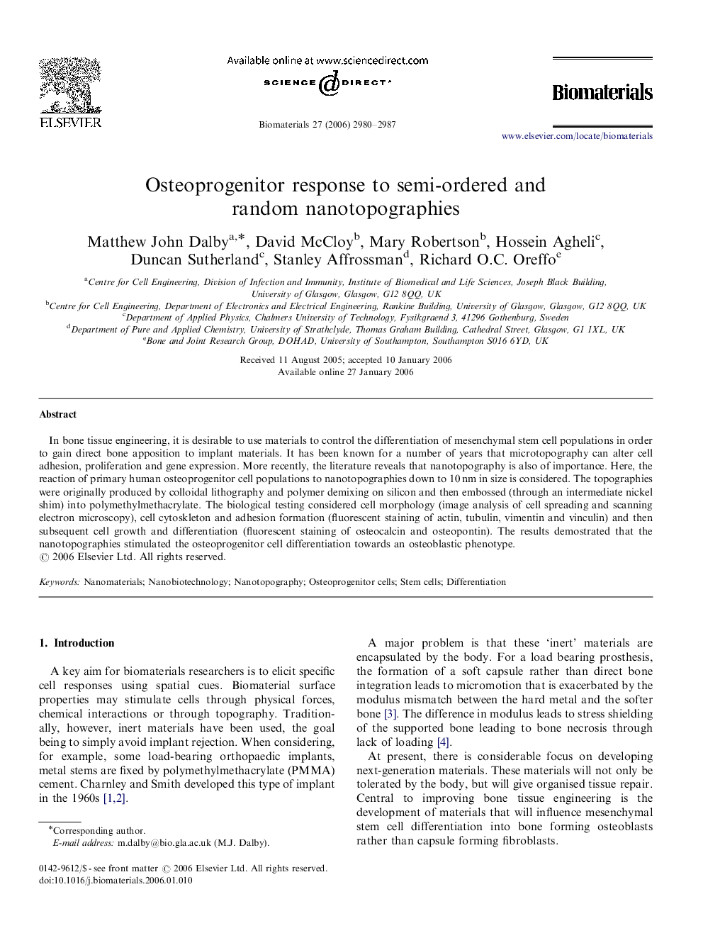 Osteoprogenitor response to semi-ordered and random nanotopographies