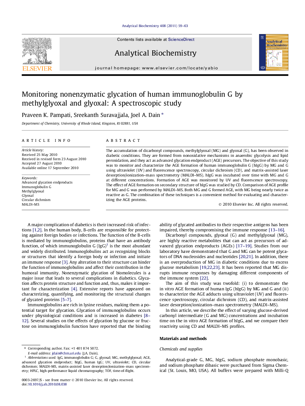 Monitoring nonenzymatic glycation of human immunoglobulin G by methylglyoxal and glyoxal: A spectroscopic study