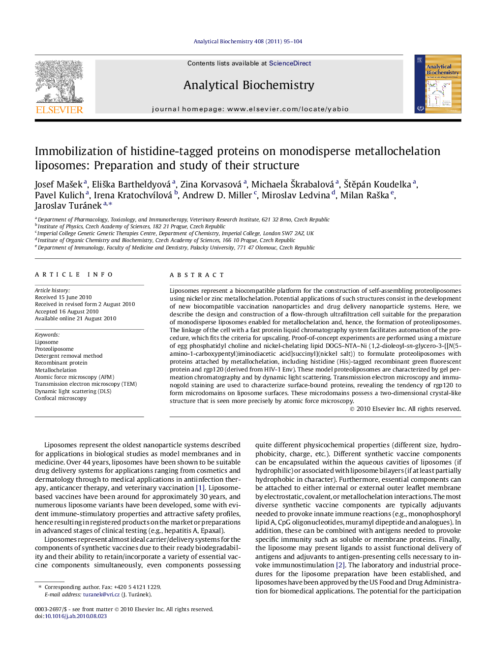 Immobilization of histidine-tagged proteins on monodisperse metallochelation liposomes: Preparation and study of their structure