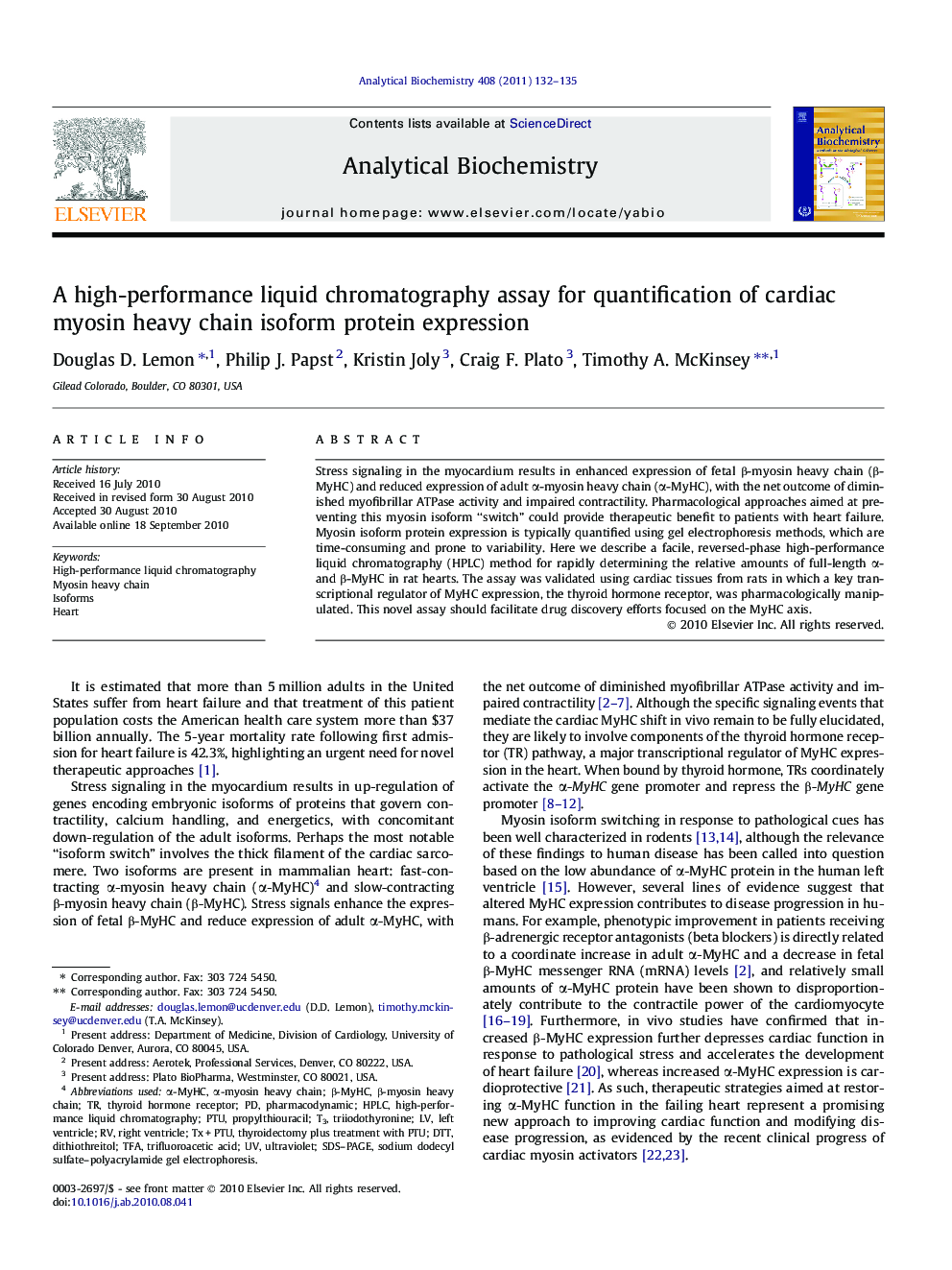 A high-performance liquid chromatography assay for quantification of cardiac myosin heavy chain isoform protein expression