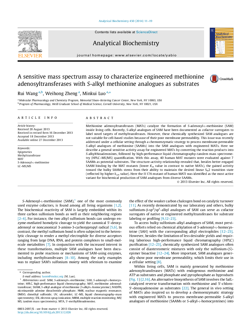 A sensitive mass spectrum assay to characterize engineered methionine adenosyltransferases with S-alkyl methionine analogues as substrates