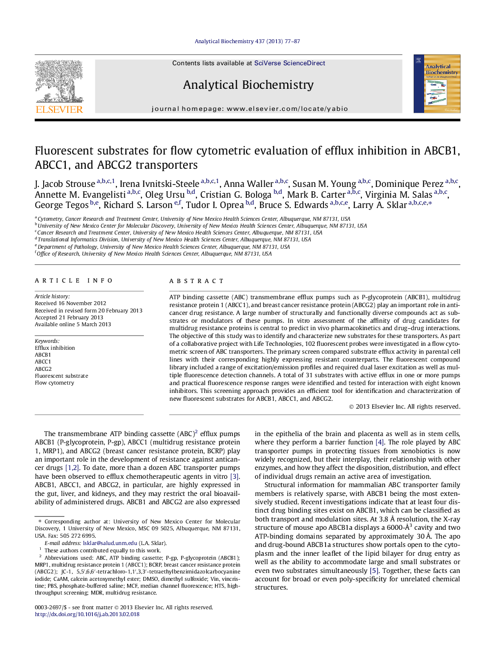 Fluorescent substrates for flow cytometric evaluation of efflux inhibition in ABCB1, ABCC1, and ABCG2 transporters