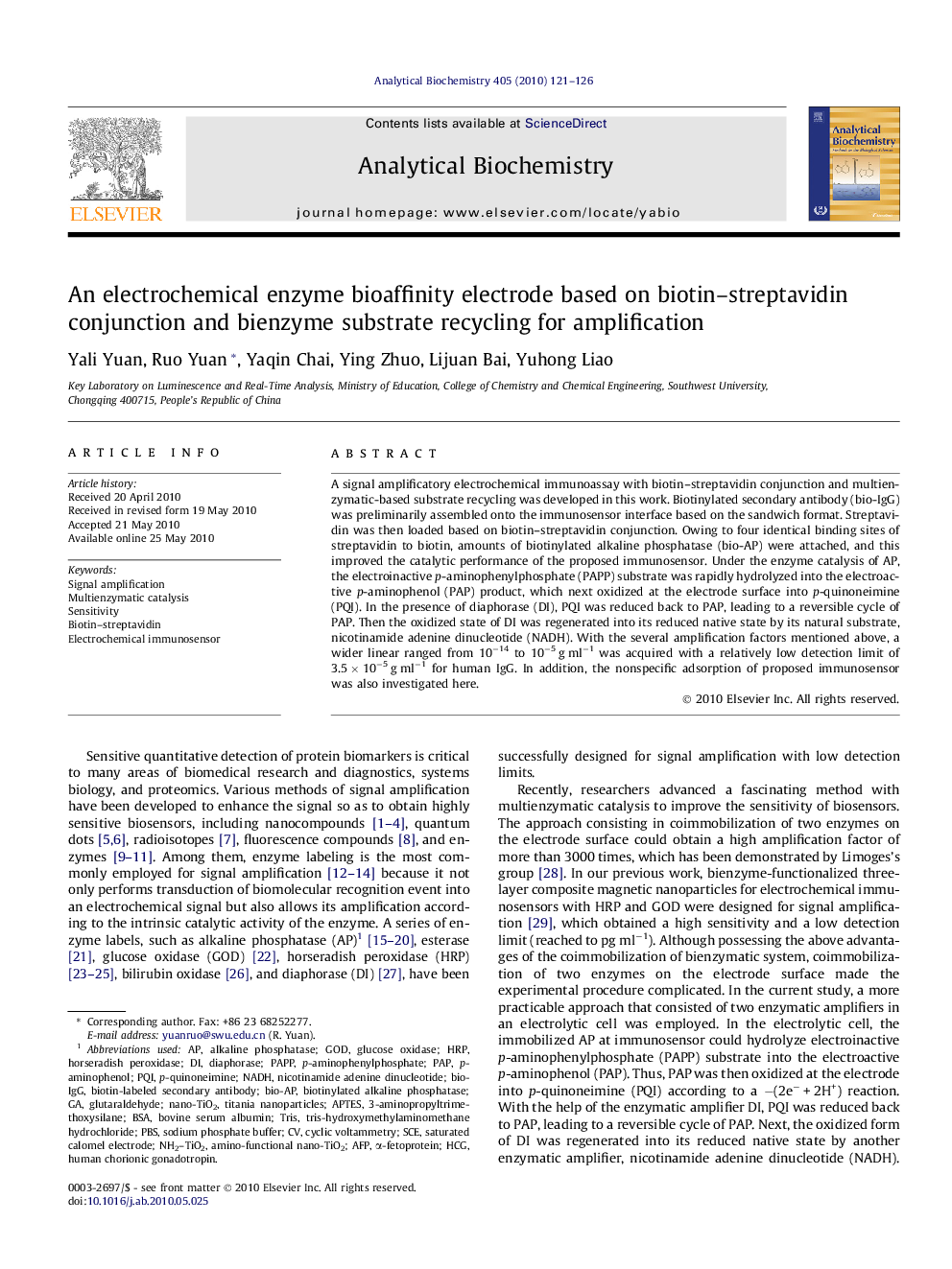 An electrochemical enzyme bioaffinity electrode based on biotin–streptavidin conjunction and bienzyme substrate recycling for amplification