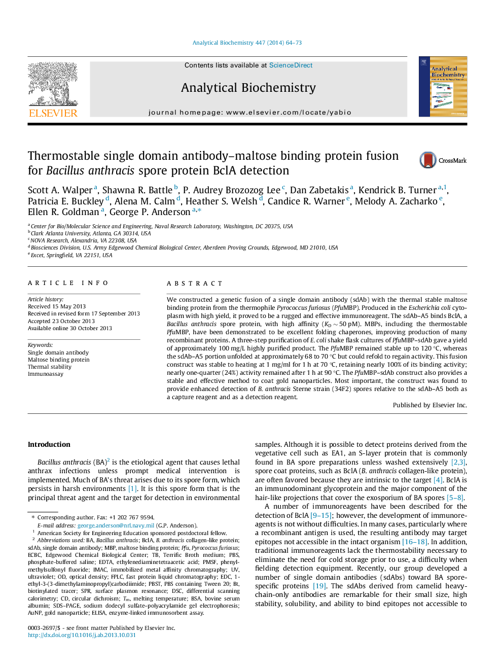 Thermostable single domain antibody–maltose binding protein fusion for Bacillus anthracis spore protein BclA detection