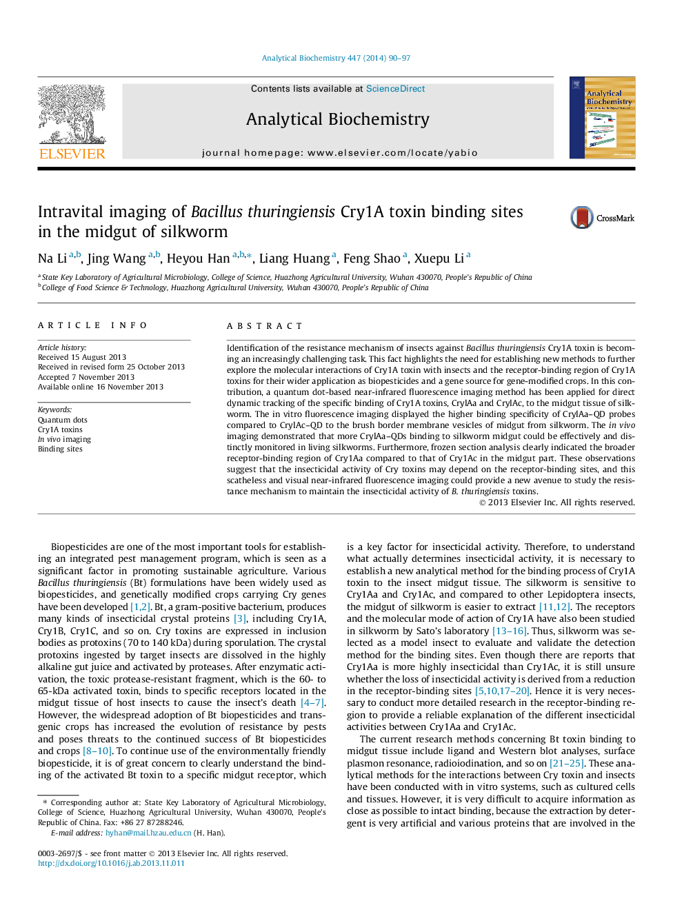 Intravital imaging of Bacillus thuringiensis Cry1A toxin binding sites in the midgut of silkworm