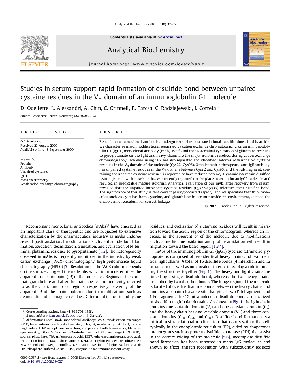 Studies in serum support rapid formation of disulfide bond between unpaired cysteine residues in the VH domain of an immunoglobulin G1 molecule