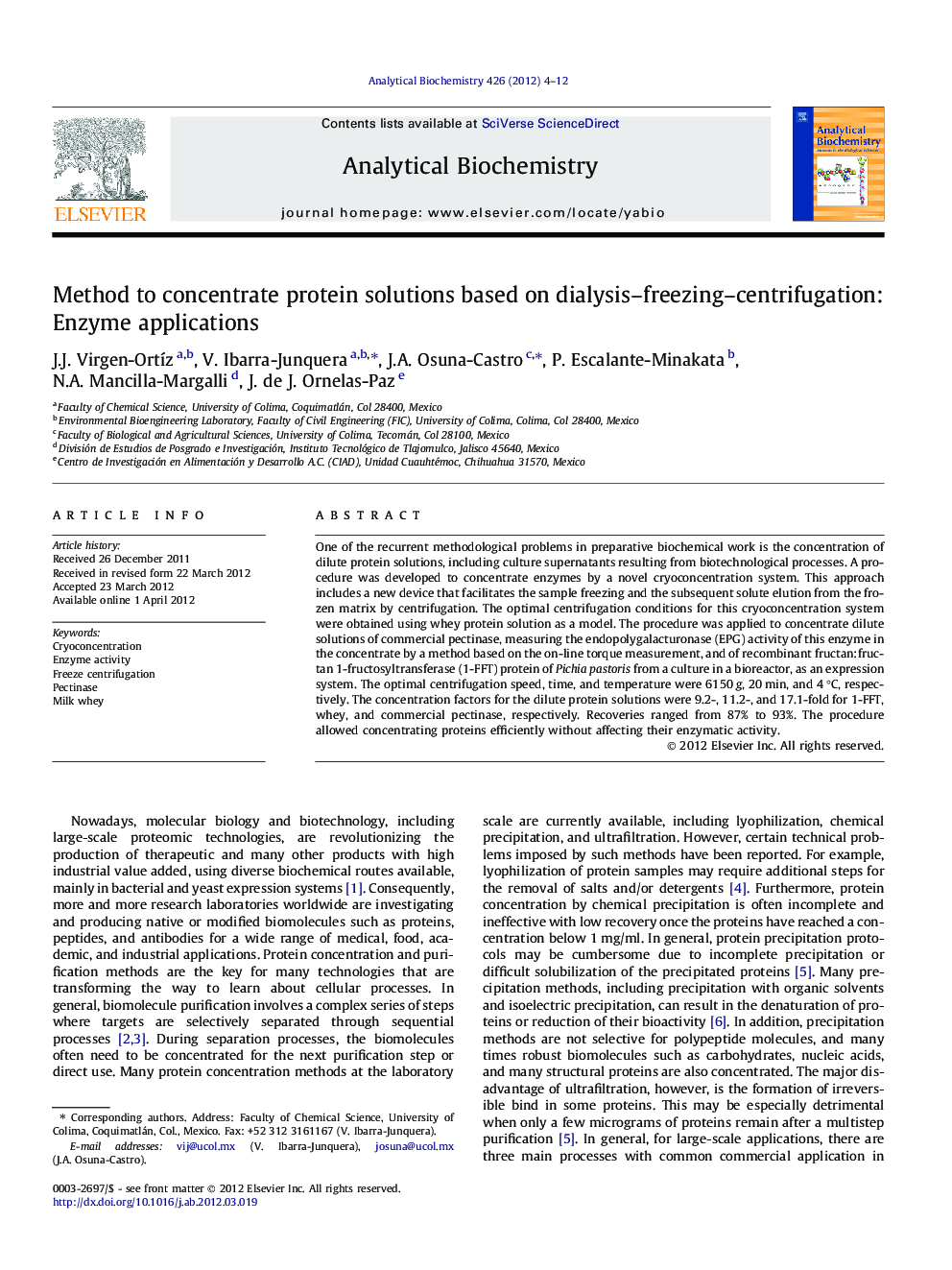 Method to concentrate protein solutions based on dialysis–freezing–centrifugation: Enzyme applications