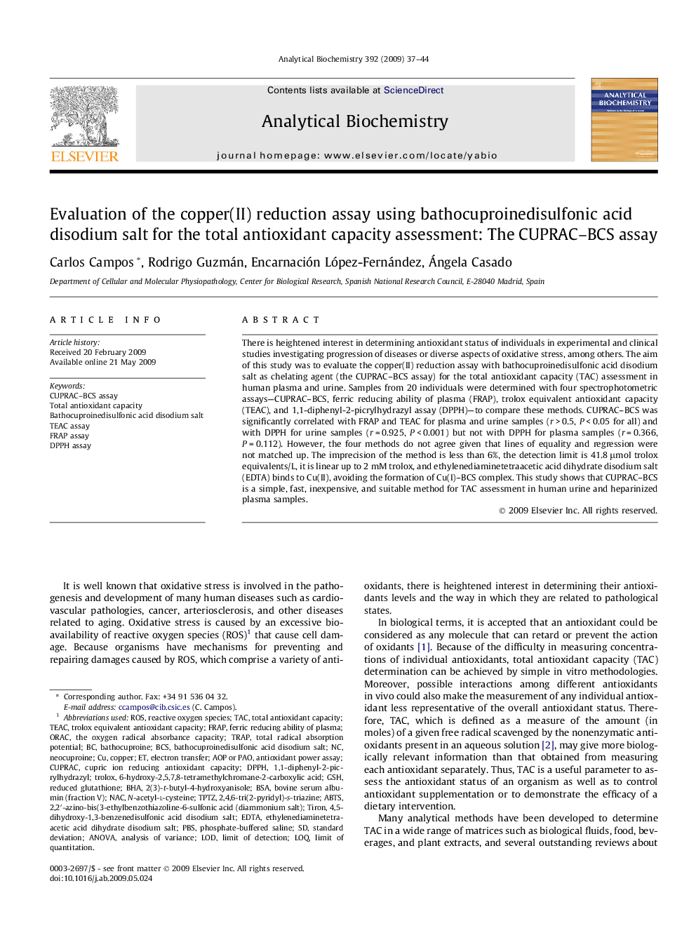 Evaluation of the copper(II) reduction assay using bathocuproinedisulfonic acid disodium salt for the total antioxidant capacity assessment: The CUPRAC–BCS assay