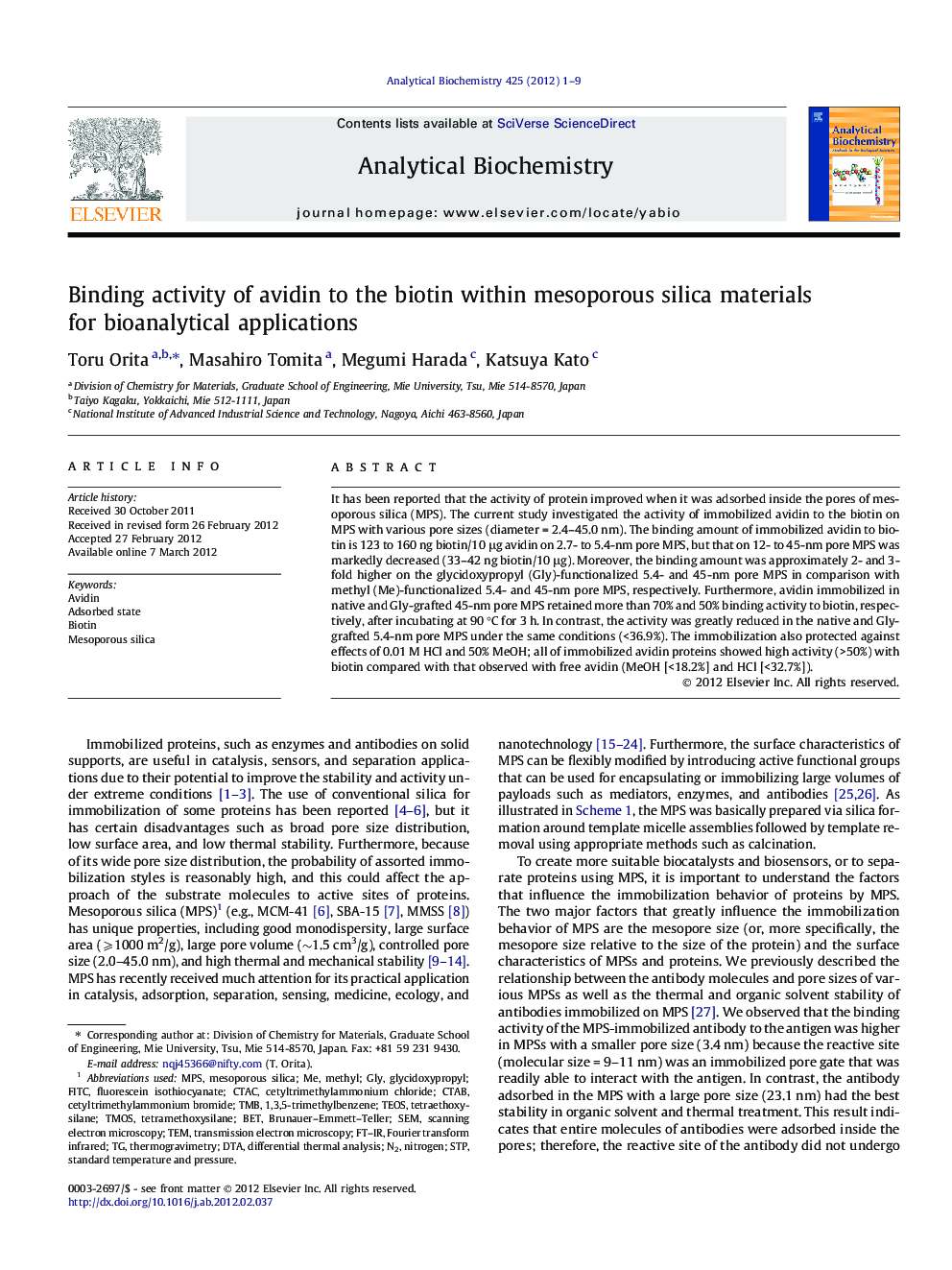 Binding activity of avidin to the biotin within mesoporous silica materials for bioanalytical applications