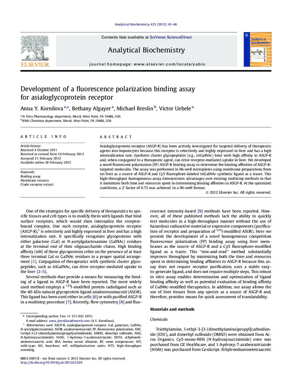 Development of a fluorescence polarization binding assay for asialoglycoprotein receptor