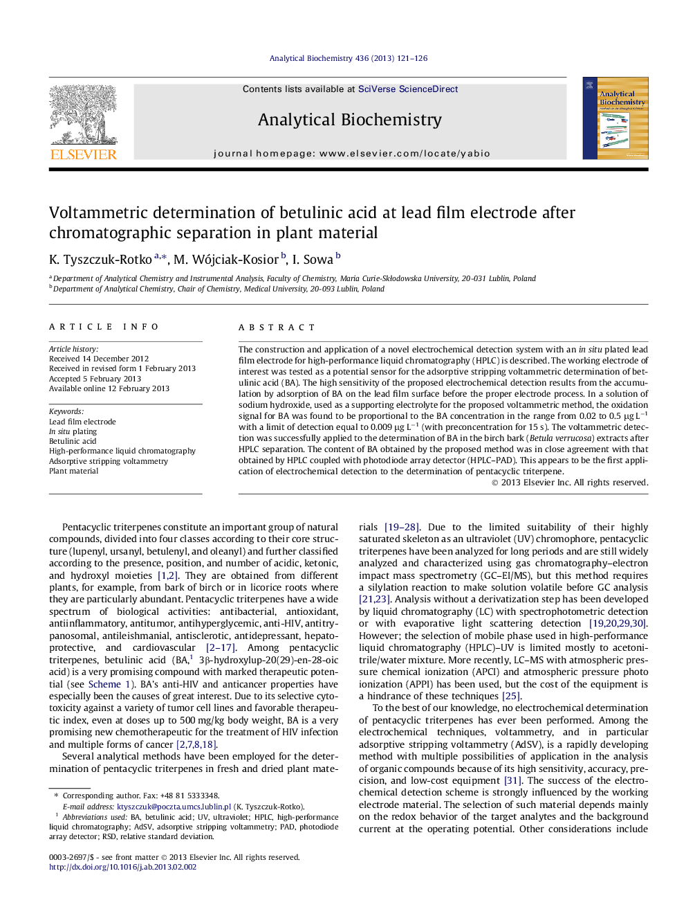 Voltammetric determination of betulinic acid at lead film electrode after chromatographic separation in plant material