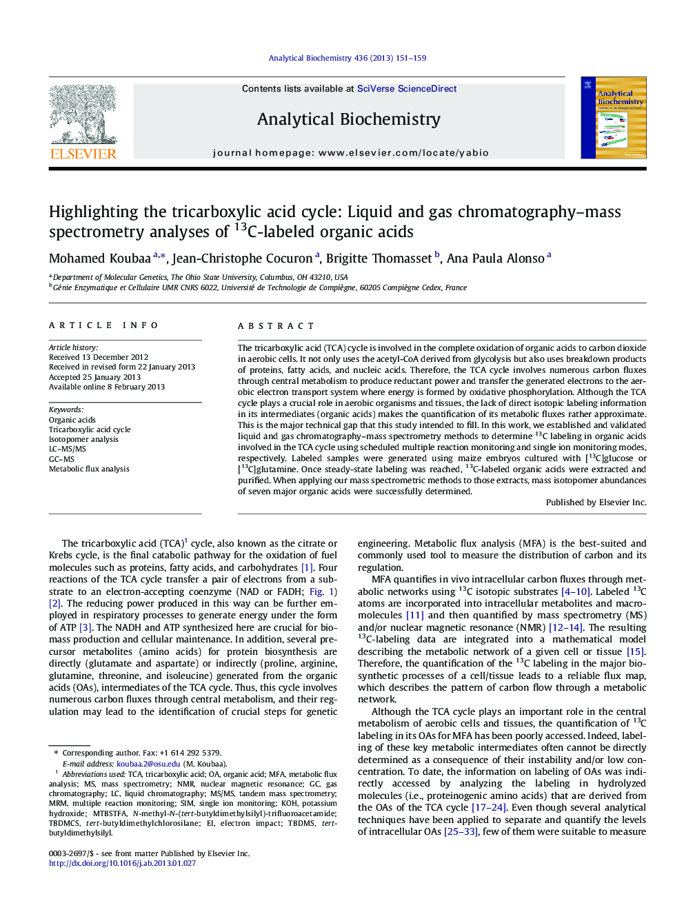 Highlighting the tricarboxylic acid cycle: Liquid and gas chromatography–mass spectrometry analyses of 13C-labeled organic acids