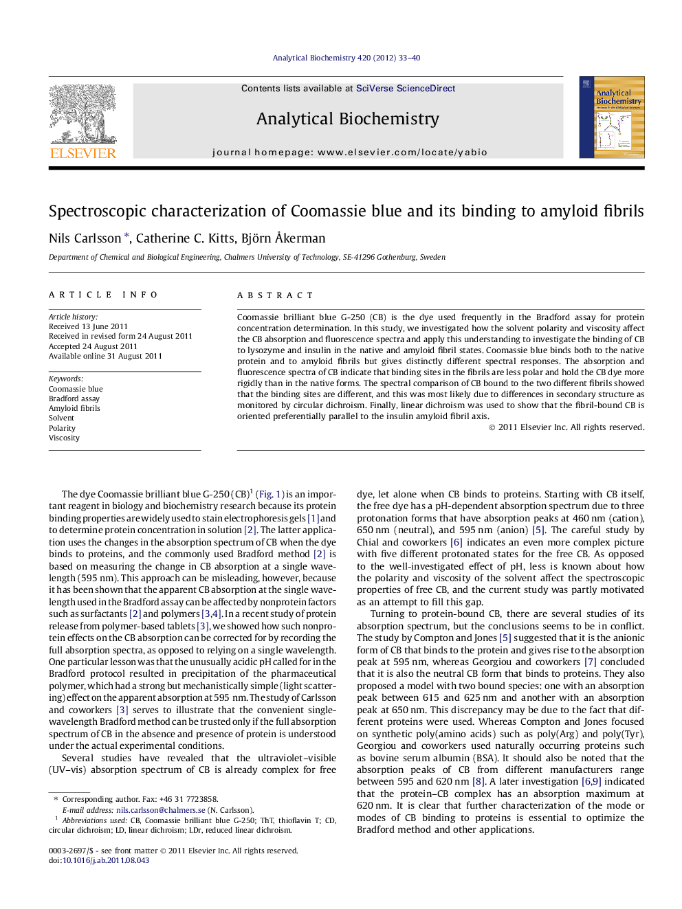 Spectroscopic characterization of Coomassie blue and its binding to amyloid fibrils