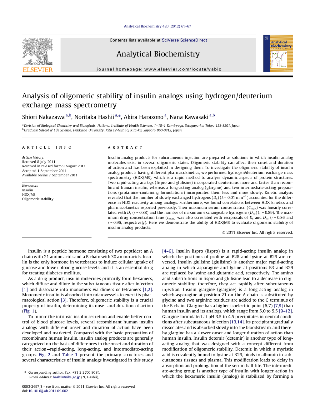 Analysis of oligomeric stability of insulin analogs using hydrogen/deuterium exchange mass spectrometry