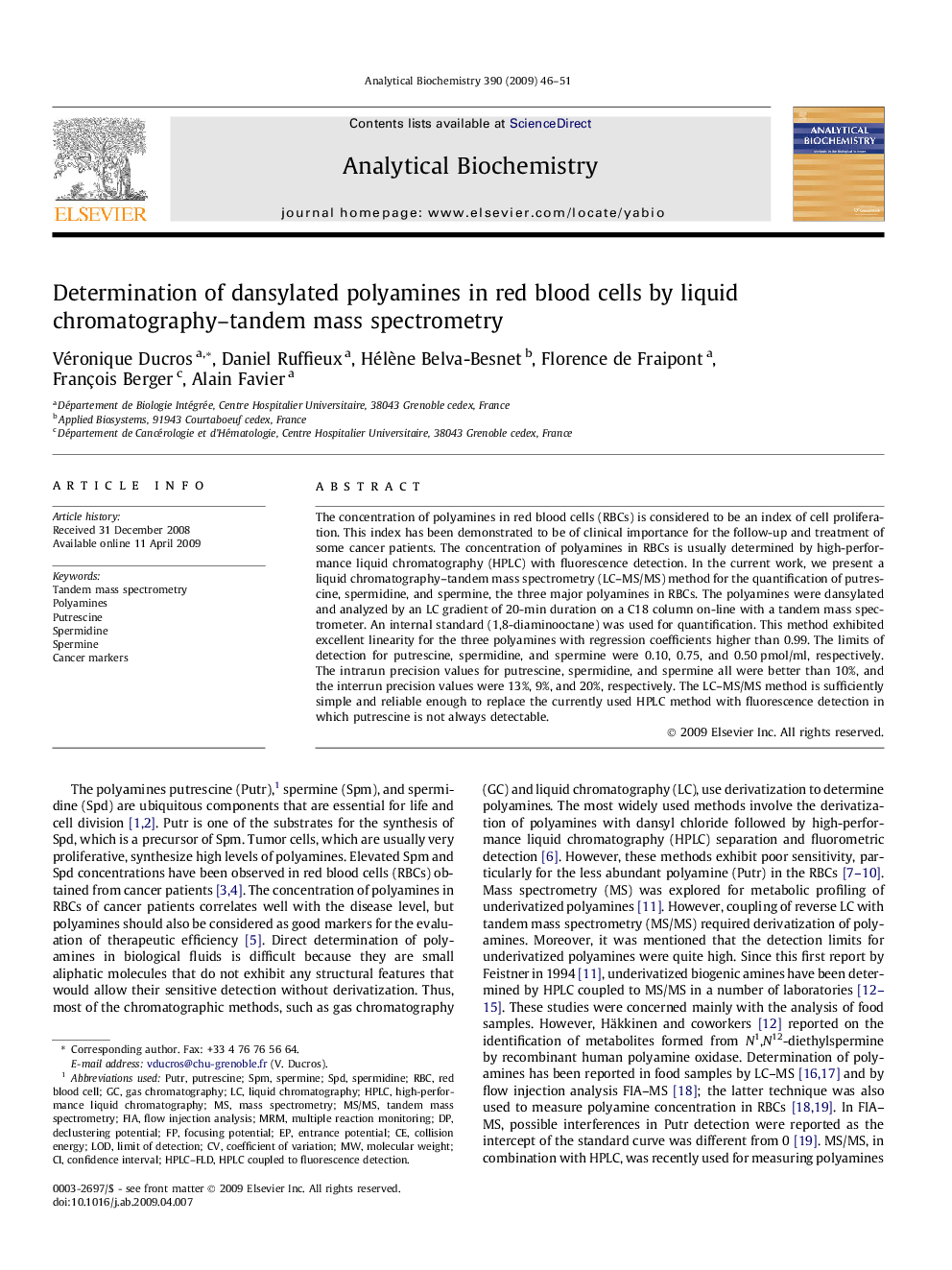 Determination of dansylated polyamines in red blood cells by liquid chromatography–tandem mass spectrometry