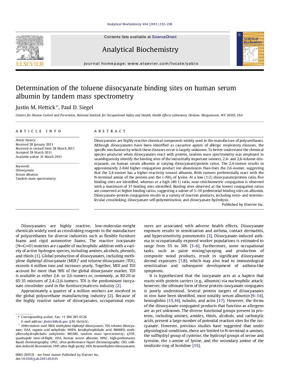 Determination of the toluene diisocyanate binding sites on human serum albumin by tandem mass spectrometry