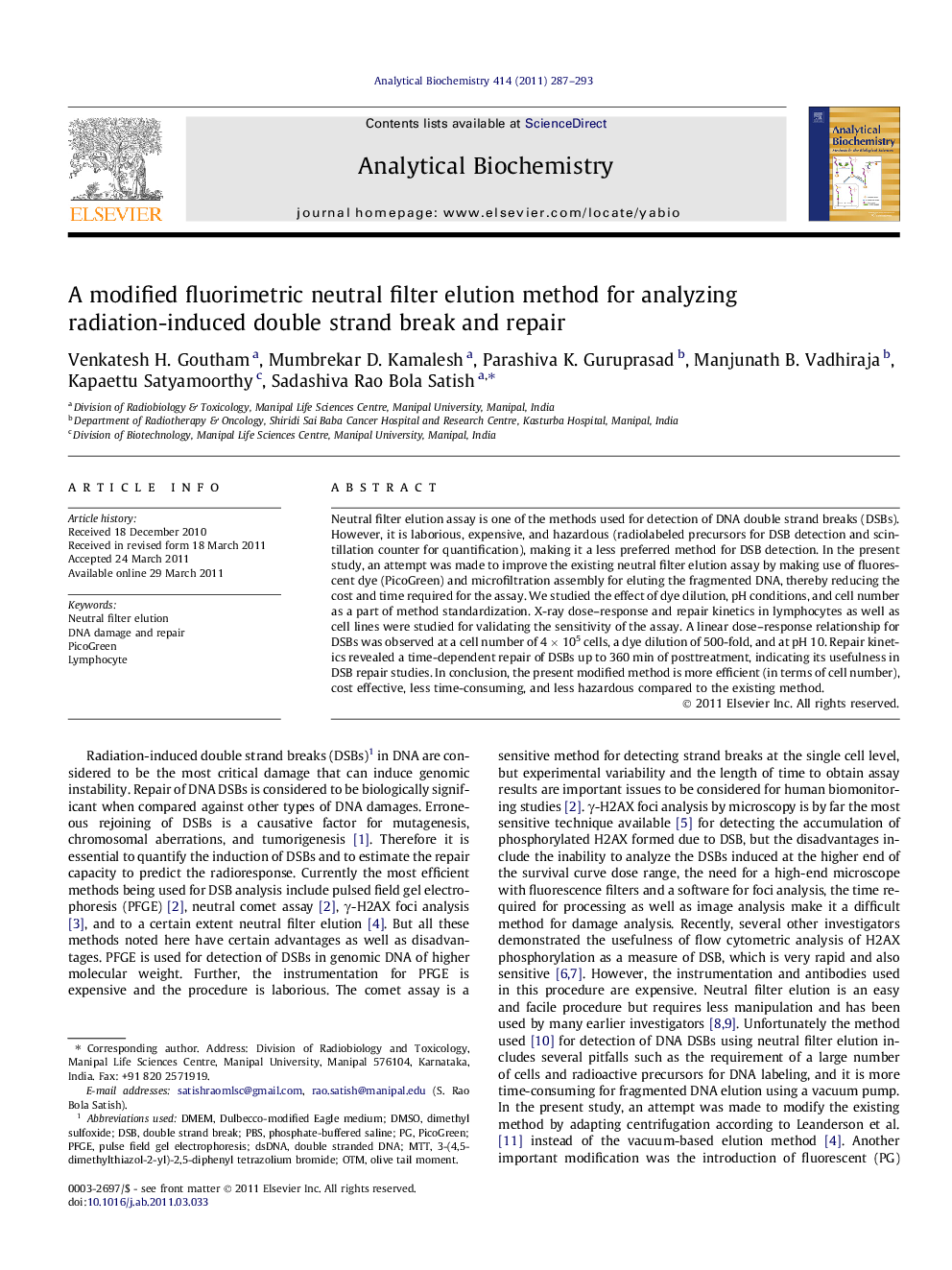 A modified fluorimetric neutral filter elution method for analyzing radiation-induced double strand break and repair