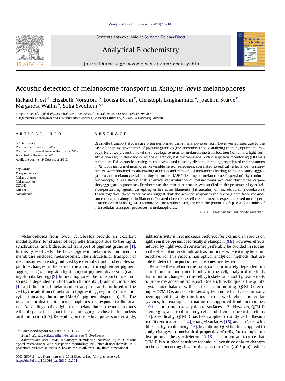 Acoustic detection of melanosome transport in Xenopus laevis melanophores