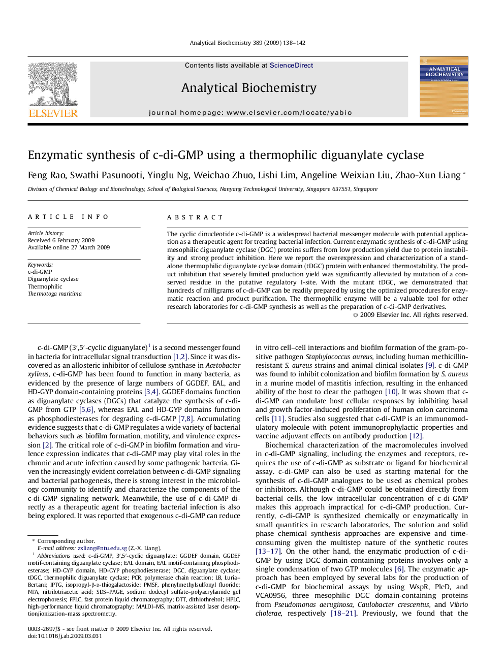 Enzymatic synthesis of c-di-GMP using a thermophilic diguanylate cyclase