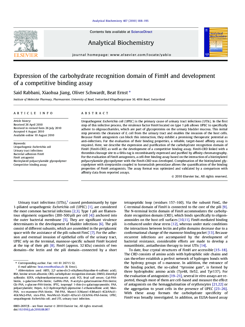 Expression of the carbohydrate recognition domain of FimH and development of a competitive binding assay