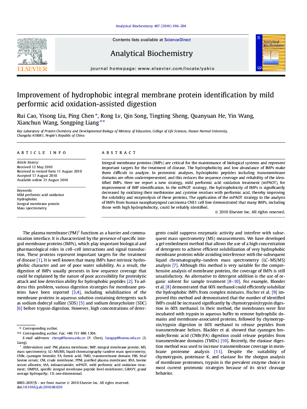 Improvement of hydrophobic integral membrane protein identification by mild performic acid oxidation-assisted digestion