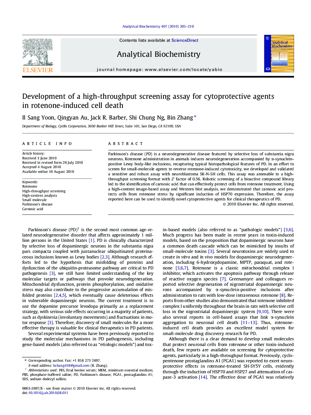 Development of a high-throughput screening assay for cytoprotective agents in rotenone-induced cell death